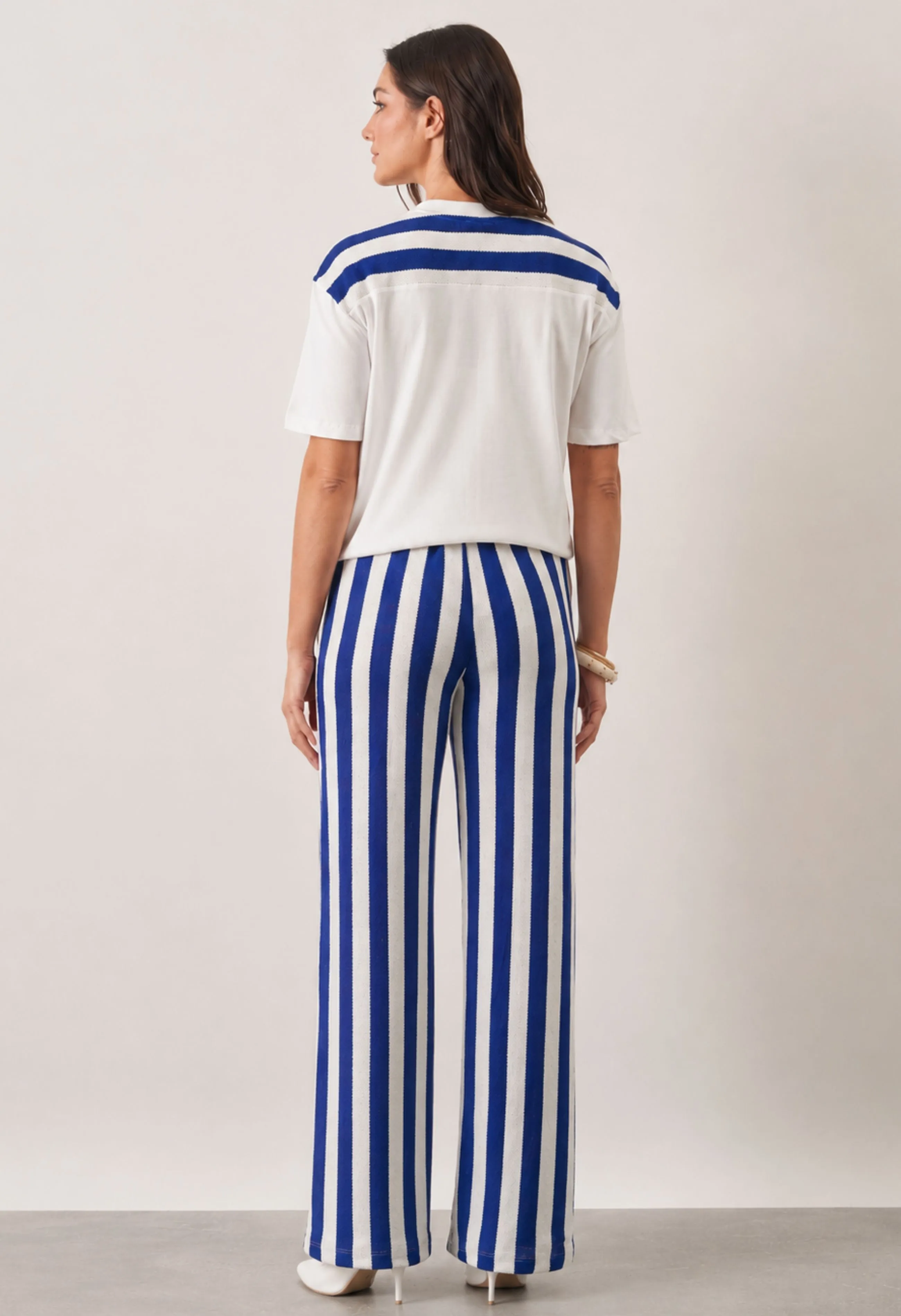 Calça Pantalona Listrada Azul e Branca Paloma